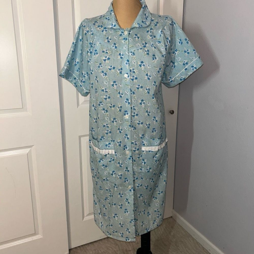 Gabriella by IOW Apparel Blue Floral Cotton Midi Night Gown Medium